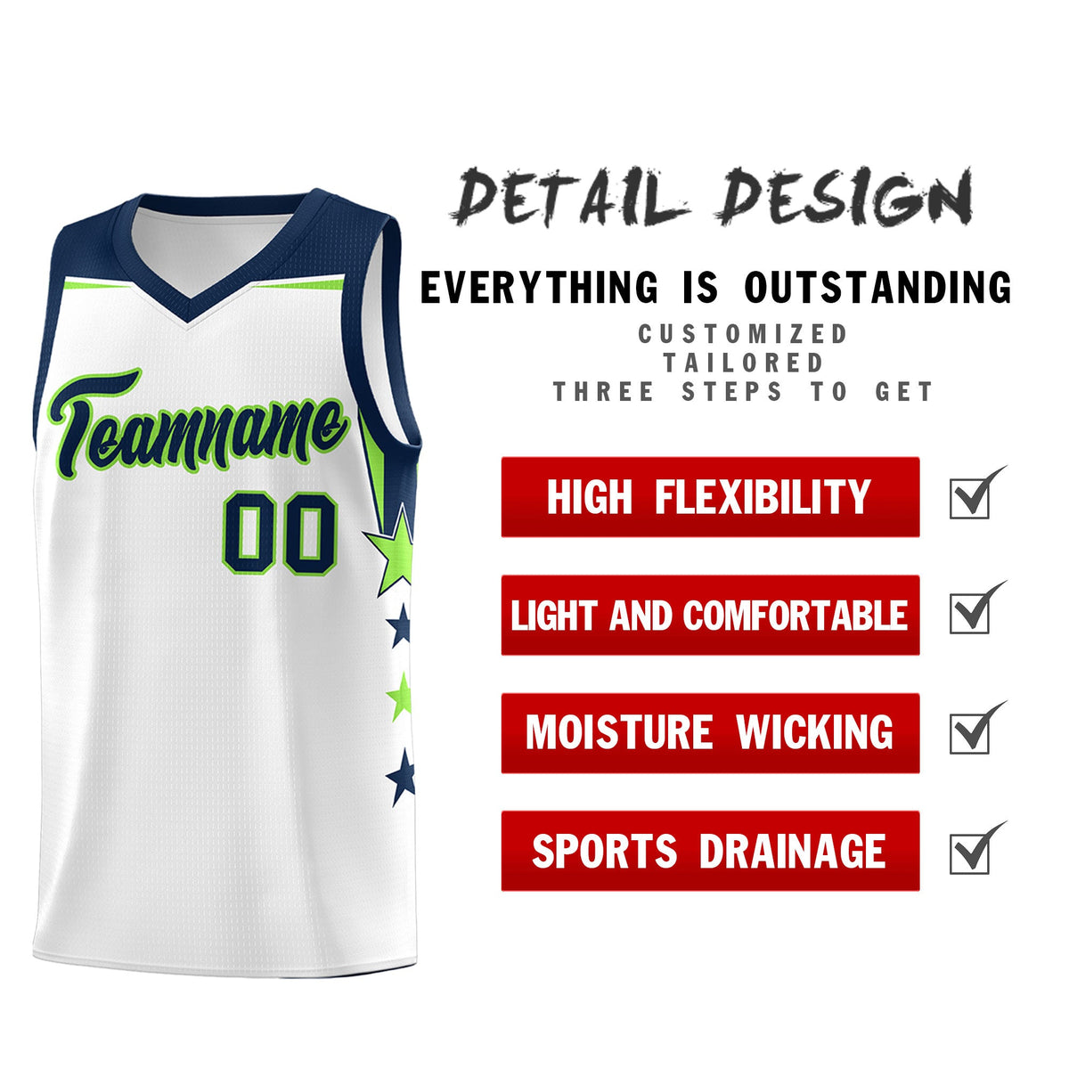 Custom Youth Basketball Uniform White Navy Two Tone Side Star Color Block Team Jersey
