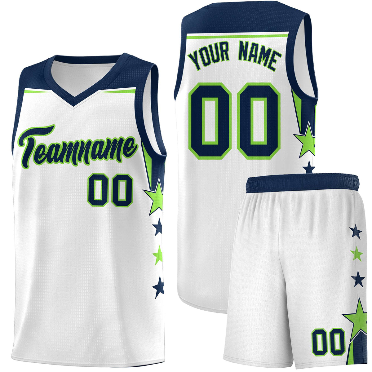 Custom Youth Basketball Uniform White Navy Two Tone Side Star Color Block Team Jersey