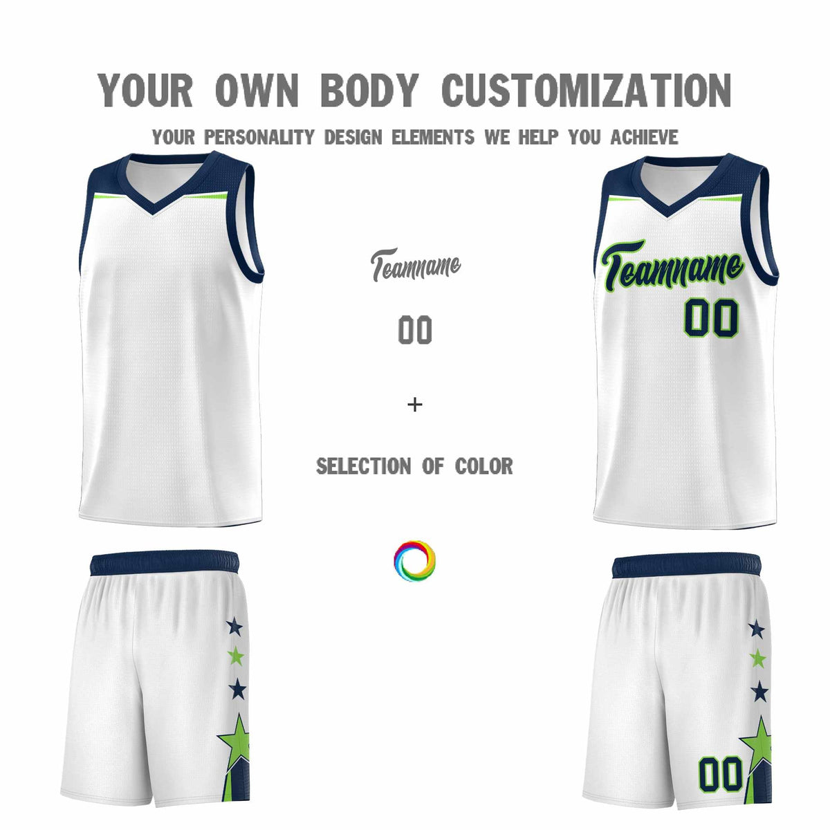 Custom Youth Basketball Uniform White Navy Two Tone Side Star Color Block Team Jersey