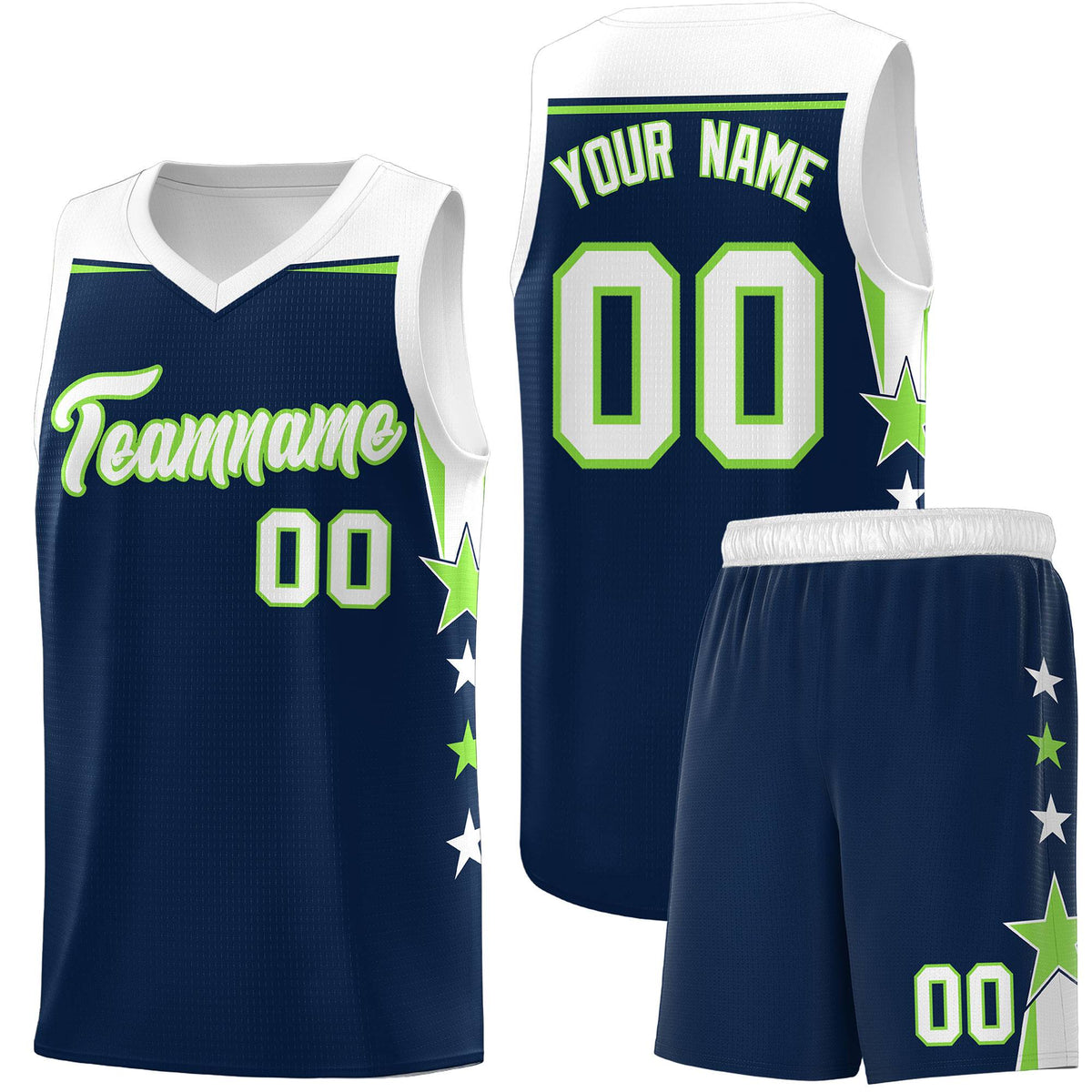Custom Youth Basketball Uniform Navy White Two Tone Side Star Add Name Number &amp; Logo