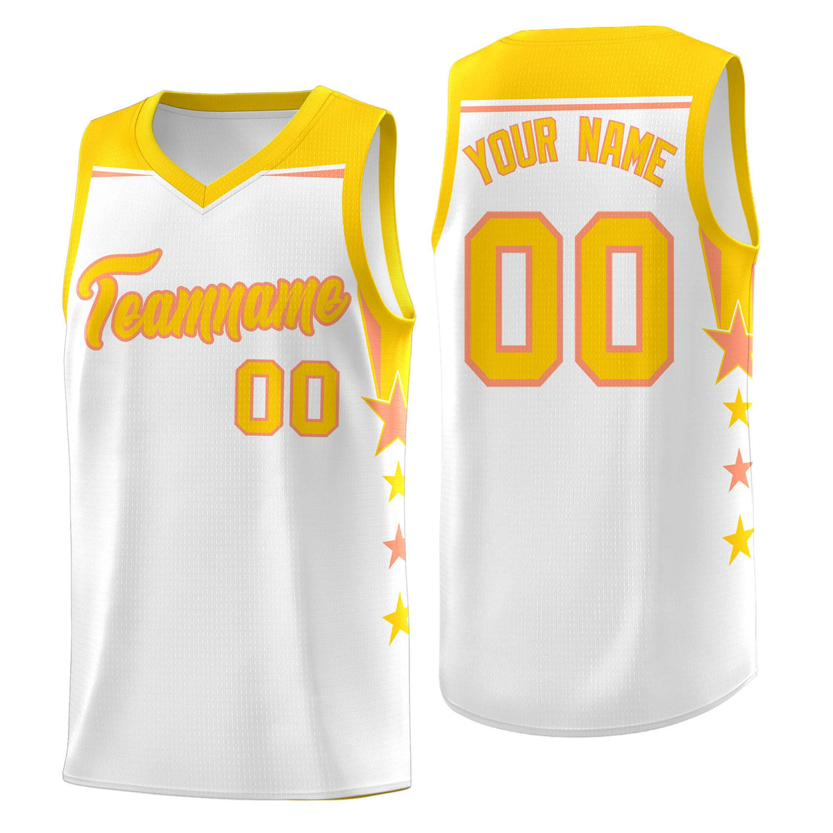 Custom Youth Basketball Uniform White Gold Two Tone Side Star Add Name Number &amp; Logo