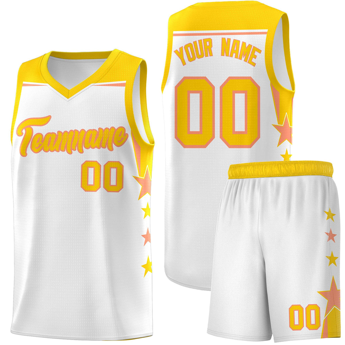 Custom Youth Basketball Uniform White Gold Two Tone Side Star Add Name Number &amp; Logo
