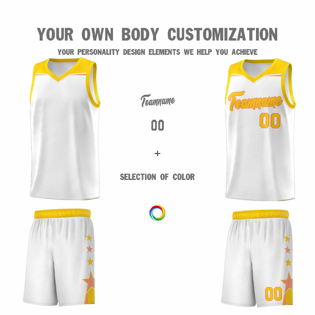 Custom Youth Basketball Uniform White Gold Two Tone Side Star Add Name Number &amp; Logo