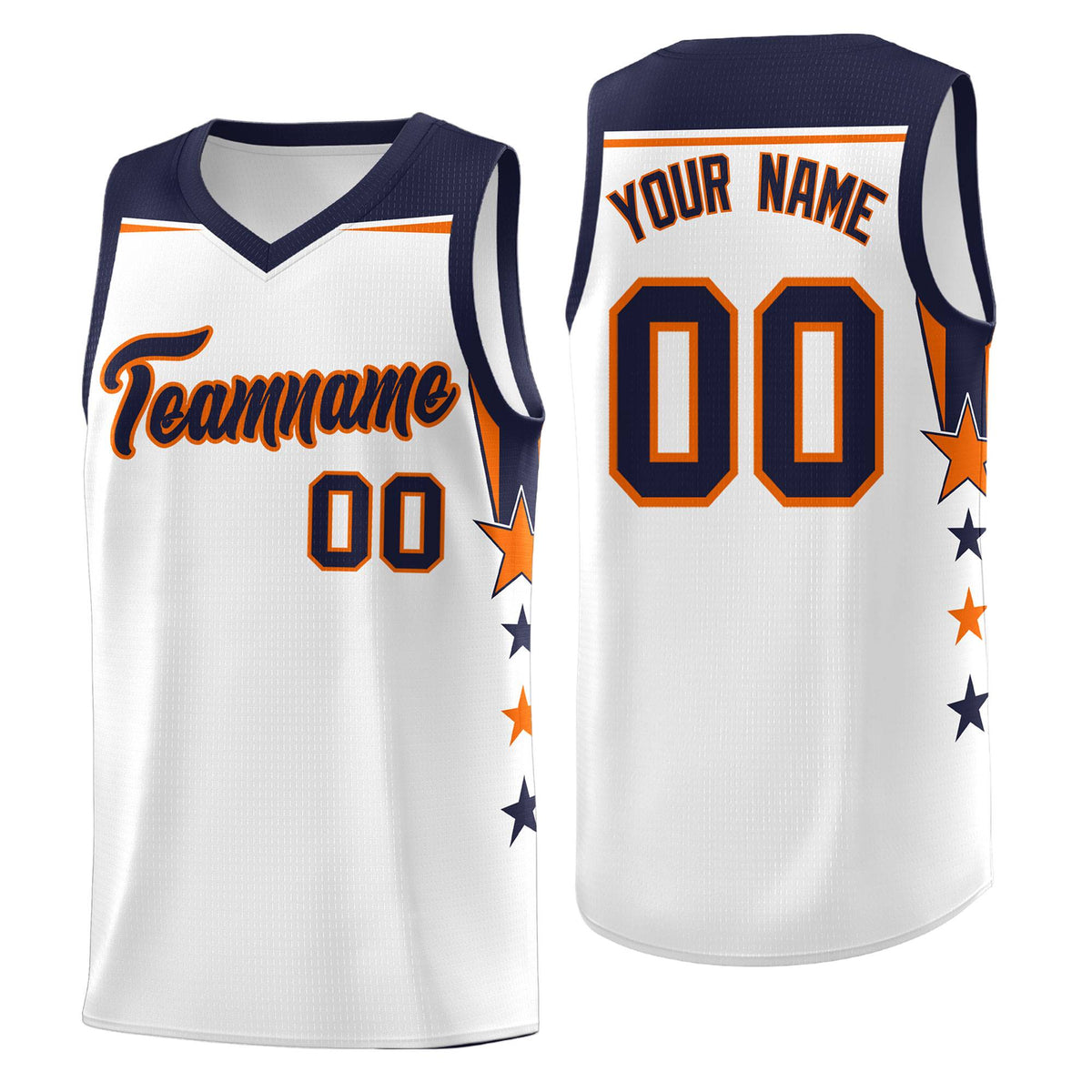 Custom Youth Basketball Uniform White Navy Two Tone Side Star Add Name Number &amp; Logo