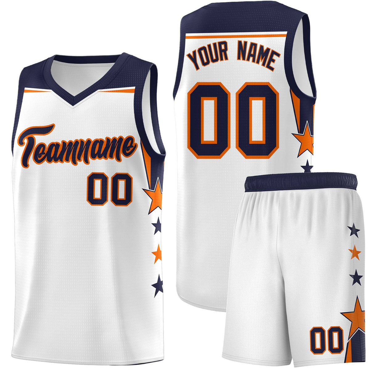 Custom Youth Basketball Uniform White Navy Two Tone Side Star Add Name Number &amp; Logo