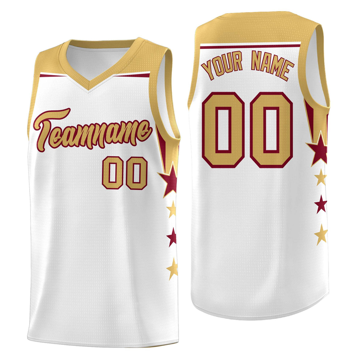 Custom Youth Basketball Uniform White Old Gold Two Tone Side Star Add Name Number &amp; Logo