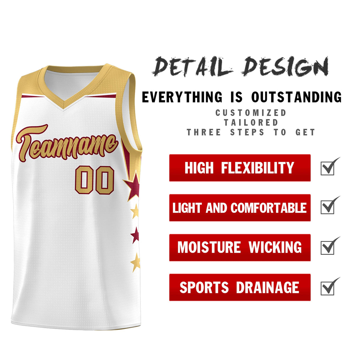 Custom Youth Basketball Uniform White Old Gold Two Tone Side Star Add Name Number &amp; Logo
