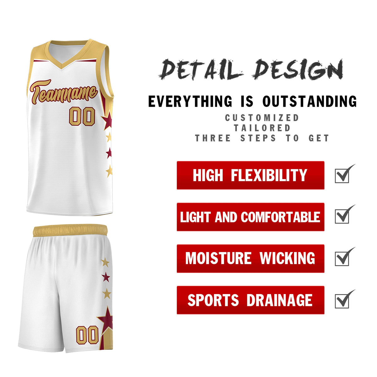 Custom Youth Basketball Uniform White Old Gold Two Tone Side Star Add Name Number &amp; Logo