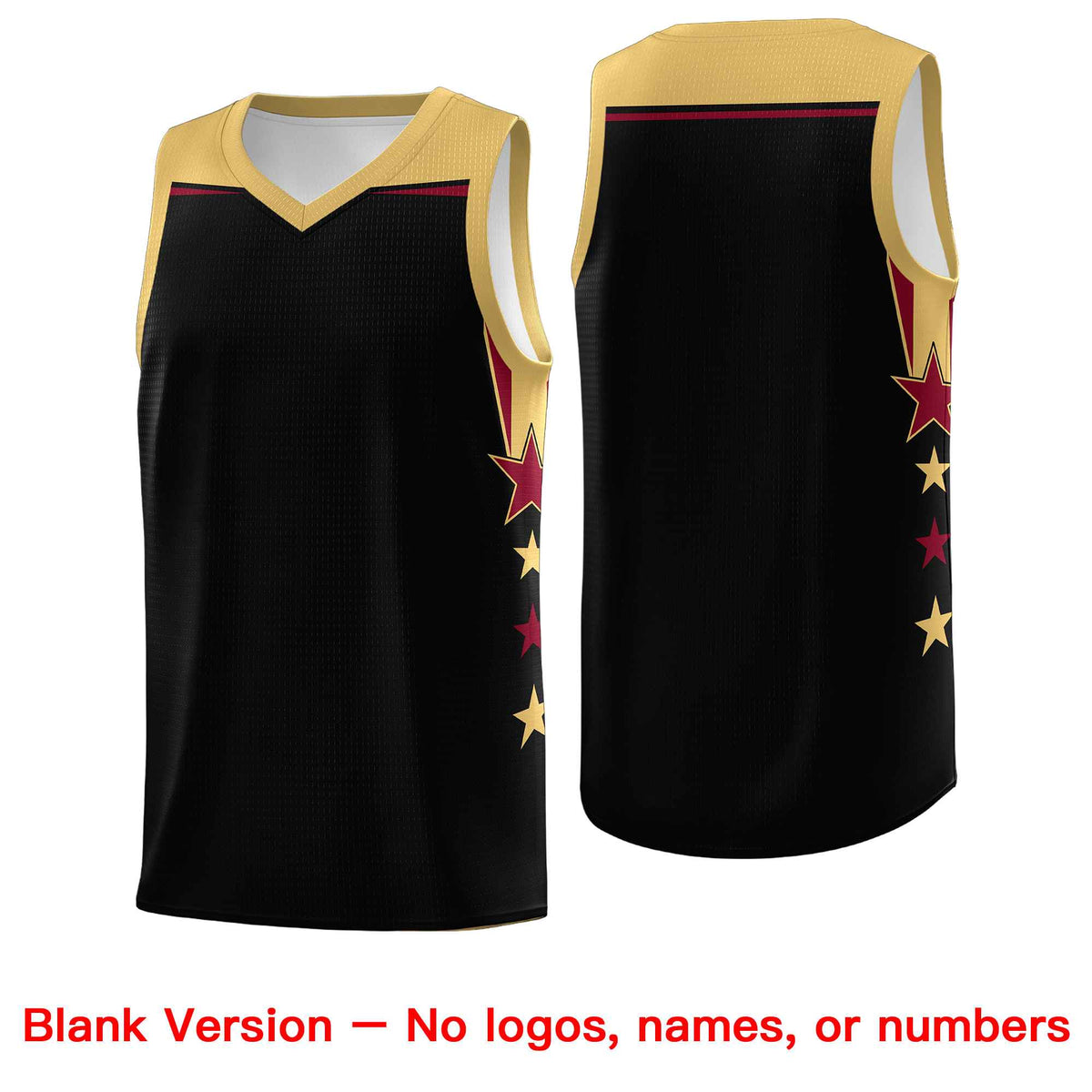 Custom Youth Basketball Uniform Black Old Gold Two Tone Side Star Add Name Number &amp; Logo