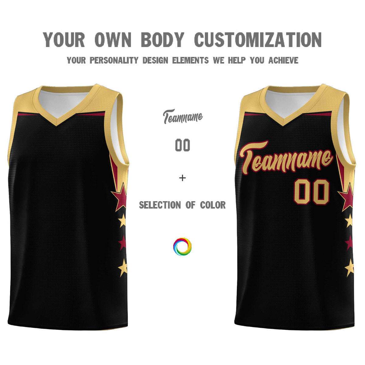 Custom Youth Basketball Uniform Black Old Gold Two Tone Side Star Add Name Number &amp; Logo