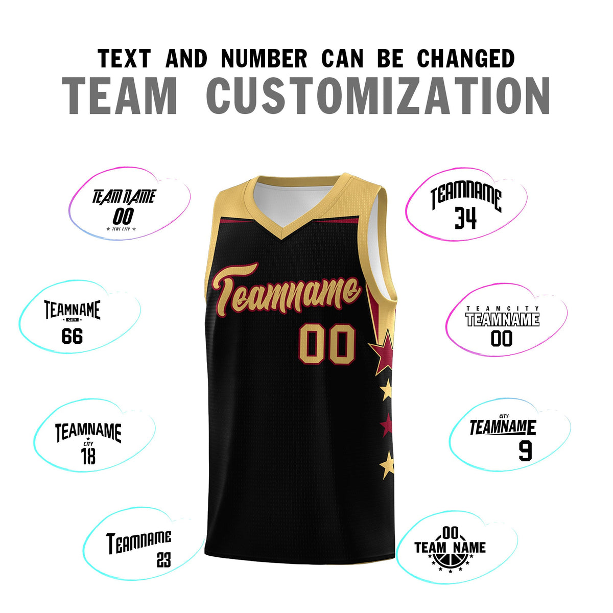 Custom Youth Basketball Uniform Black Old Gold Two Tone Side Star Add Name Number &amp; Logo