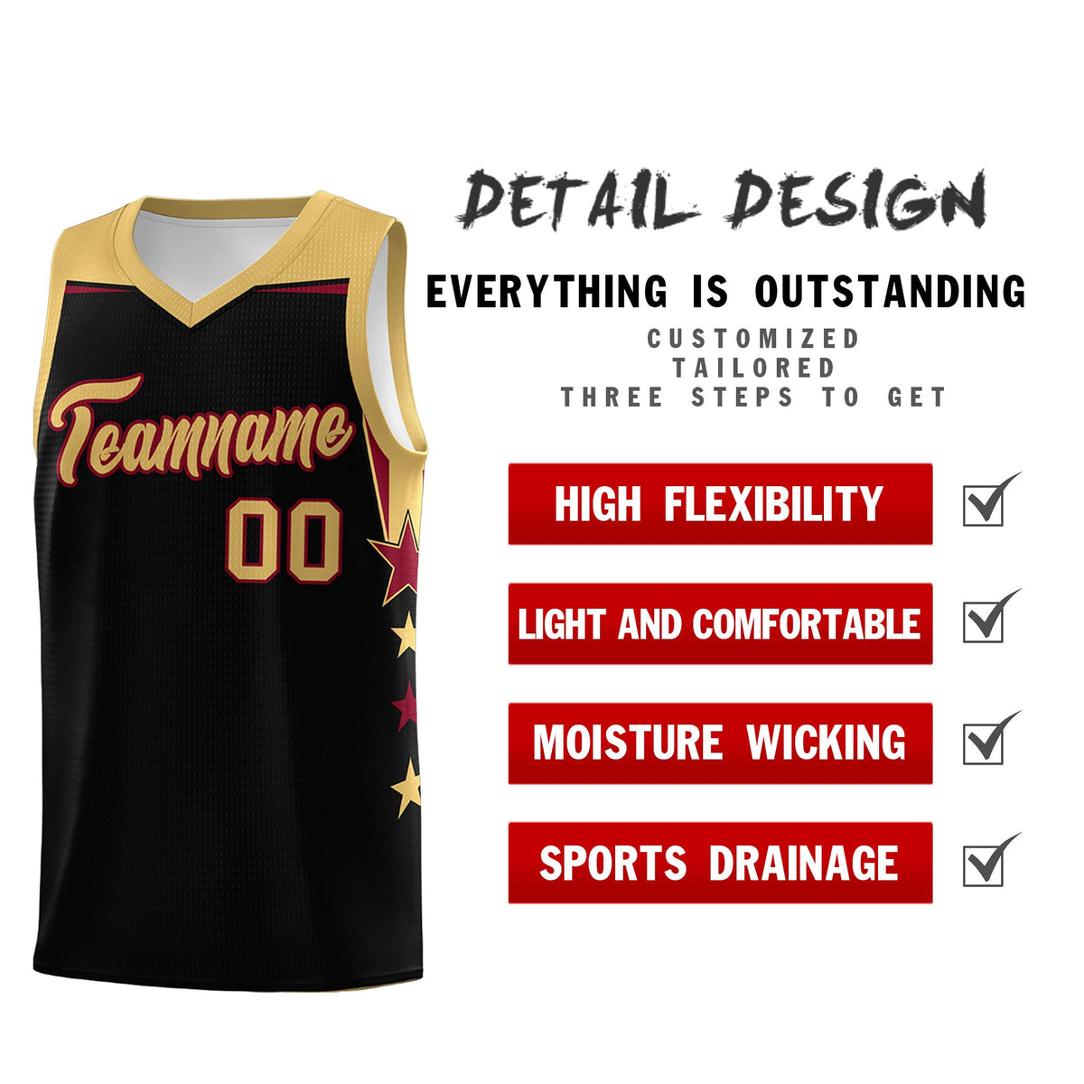 Custom Youth Basketball Uniform Black Old Gold Two Tone Side Star Add Name Number &amp; Logo