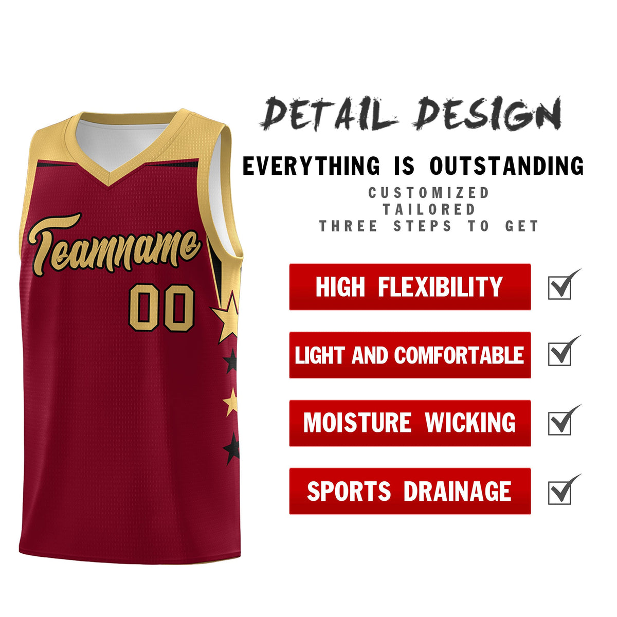 Custom Youth Basketball Uniform Crimson Old Gold Two Tone Side Star Color Block Team Jersey