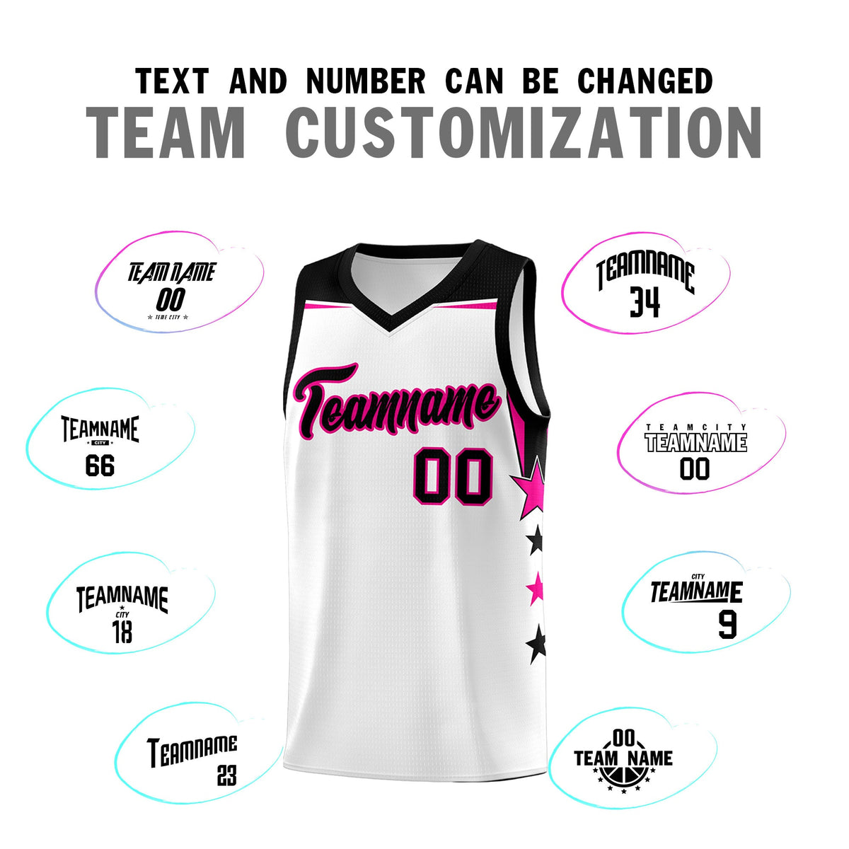 Custom Youth Basketball Uniform White Black Two Tone Side Star Add Name Number &amp; Logo
