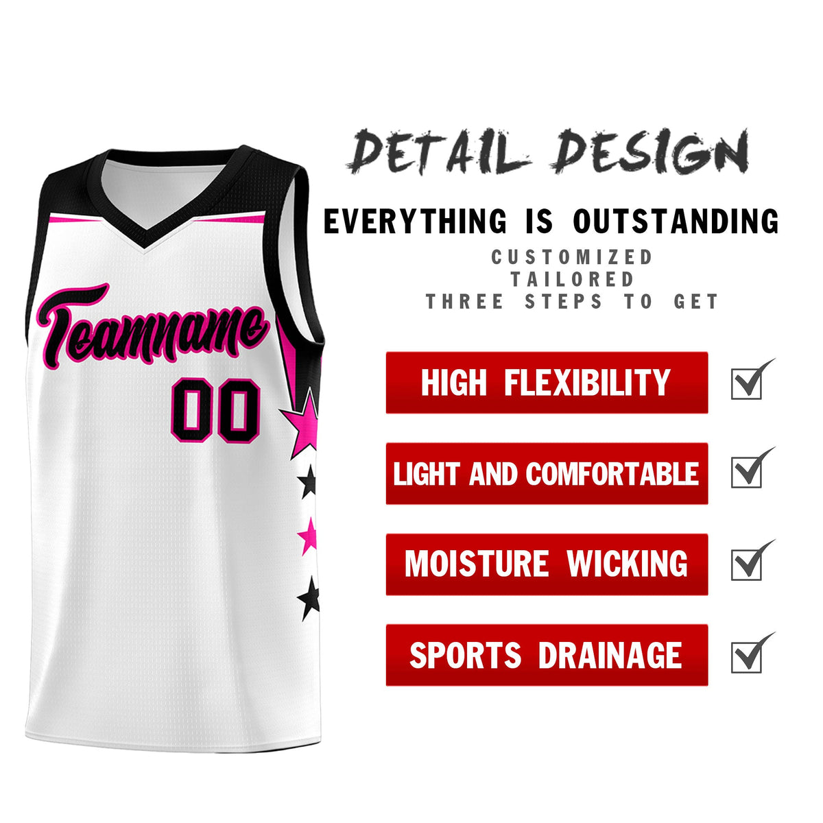 Custom Youth Basketball Uniform White Black Two Tone Side Star Add Name Number &amp; Logo