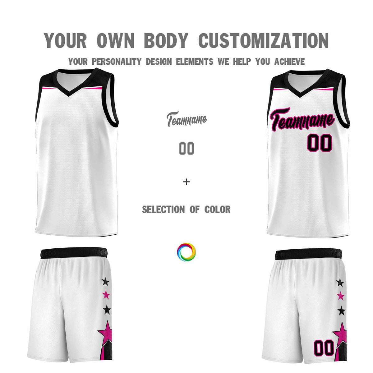 Custom Youth Basketball Uniform White Black Two Tone Side Star Add Name Number &amp; Logo