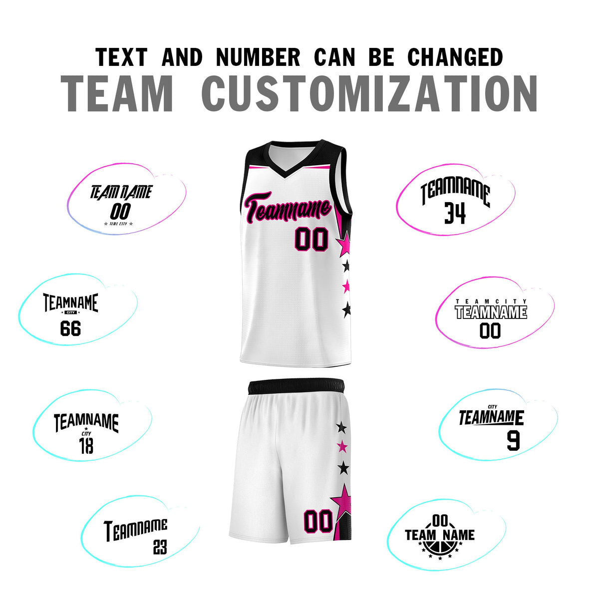 Custom Youth Basketball Uniform White Black Two Tone Side Star Add Name Number &amp; Logo