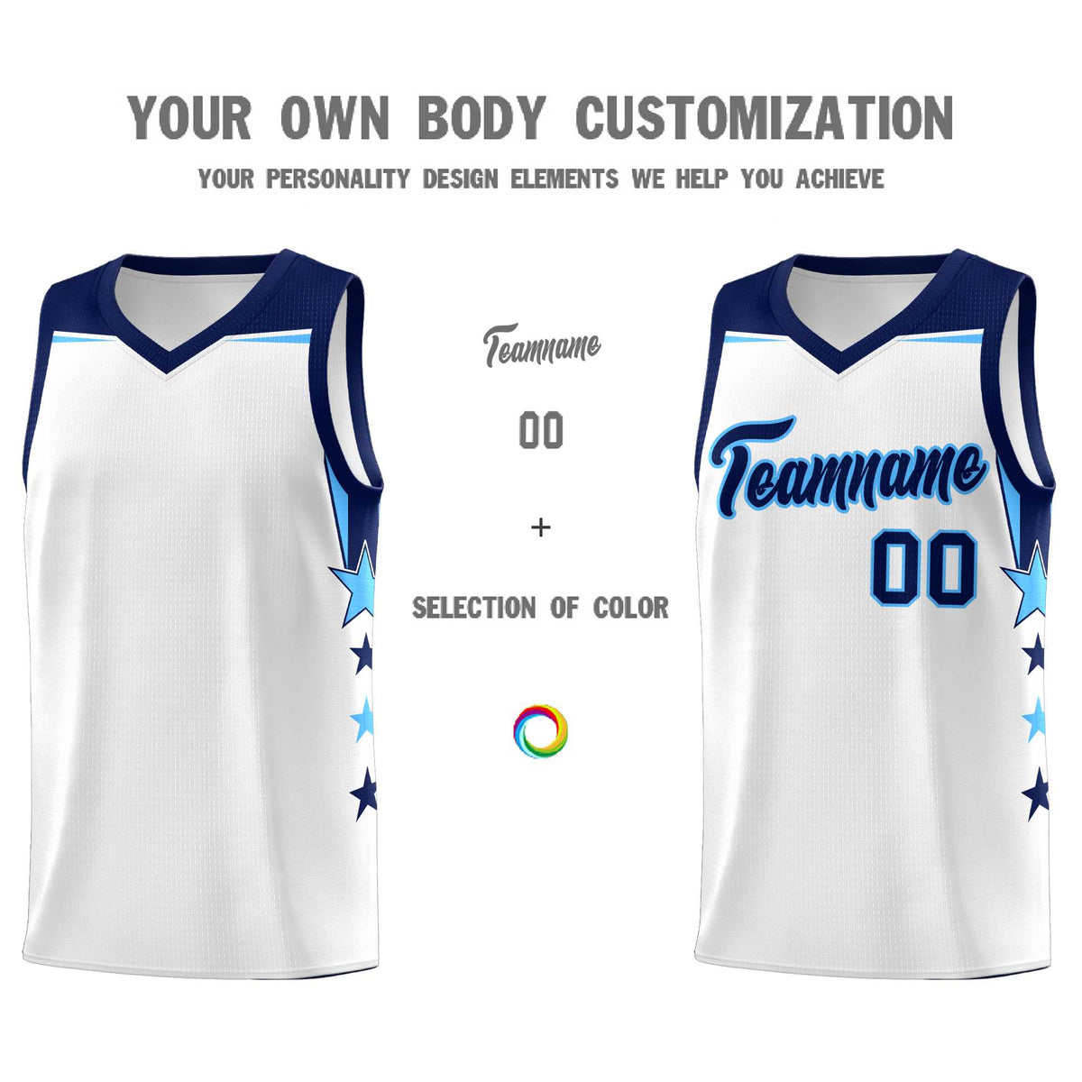 Custom Youth Basketball Uniform White Navy Two Tone Side Star Add Name Number &amp; Logo