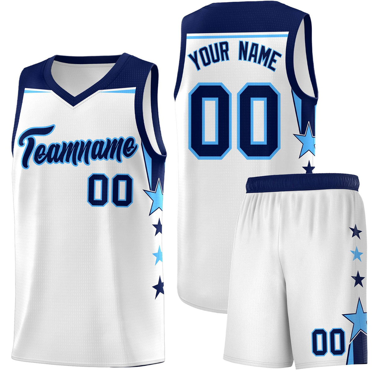 Custom Youth Basketball Uniform White Navy Two Tone Side Star Add Name Number &amp; Logo