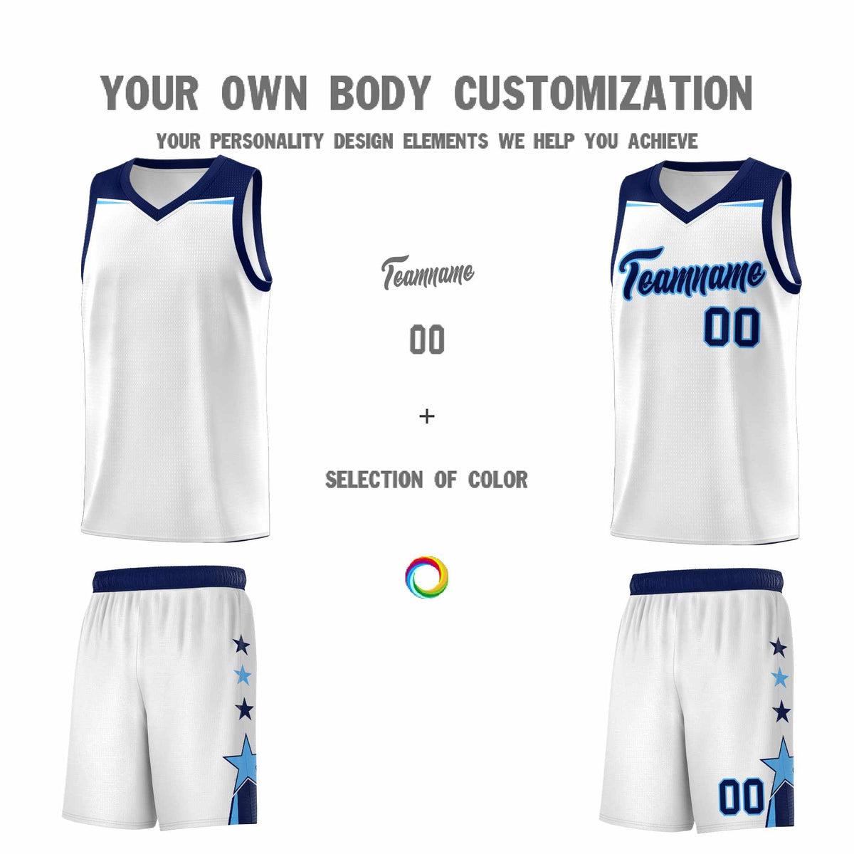 Custom Youth Basketball Uniform White Navy Two Tone Side Star Add Name Number &amp; Logo