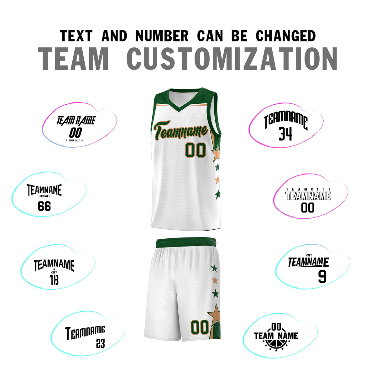 Custom Youth Basketball Uniform White Green Two Tone Side Star Add Name Number &amp; Logo