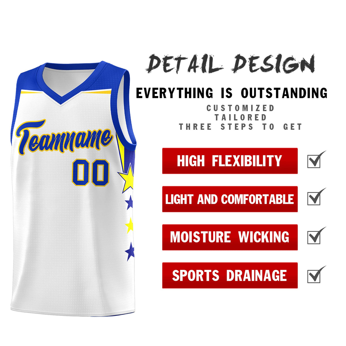 Custom Youth Basketball Uniform White Royal Two Tone Side Star Add Name Number &amp; Logo