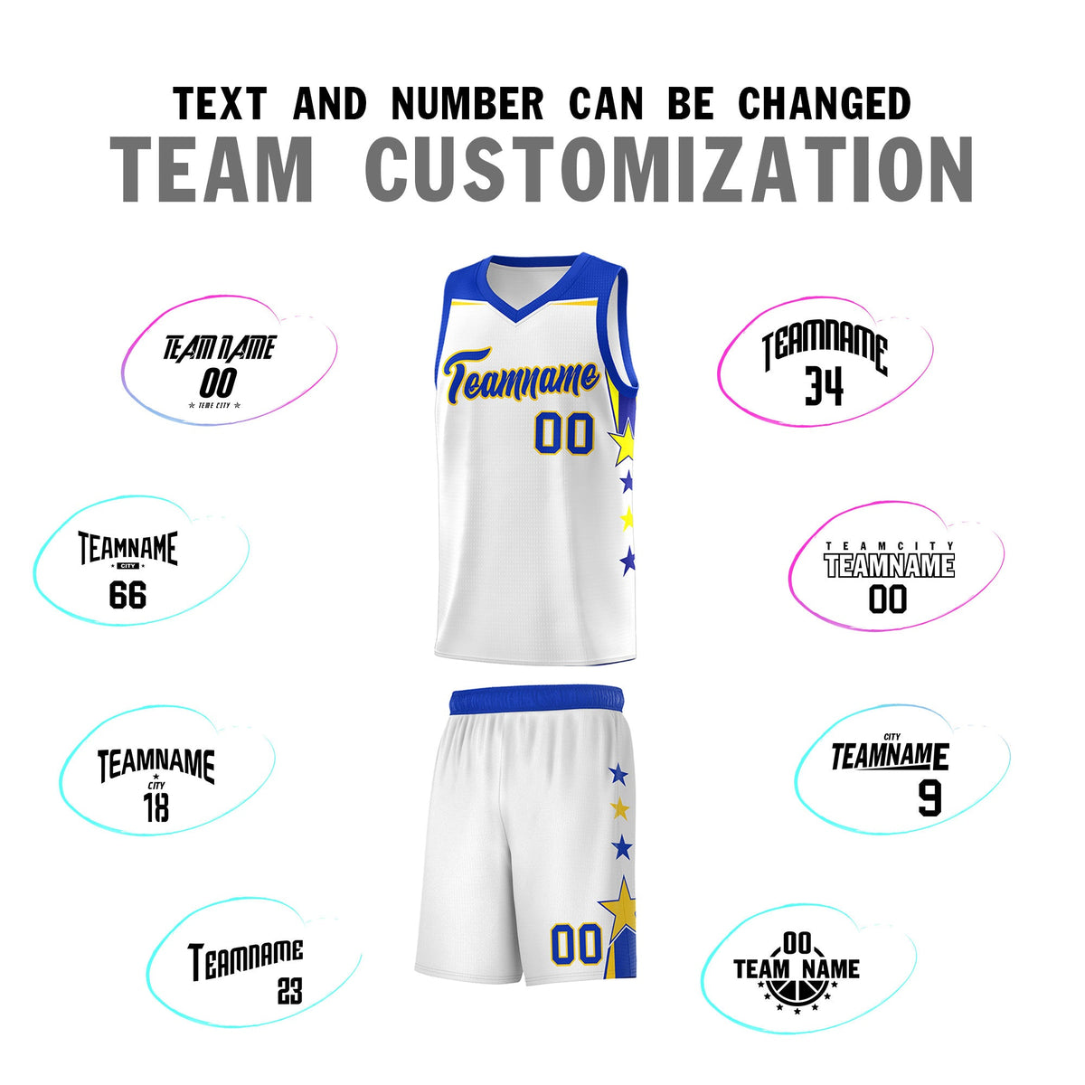 Custom Youth Basketball Uniform White Royal Two Tone Side Star Add Name Number &amp; Logo