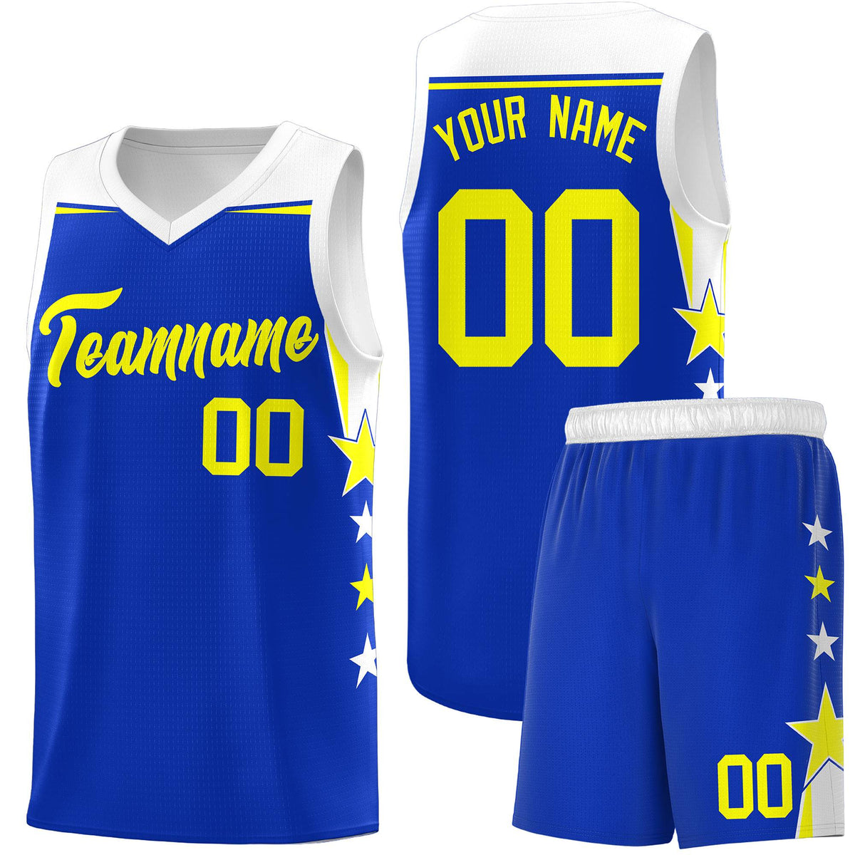 Custom Youth Basketball Uniform Royal White Two Tone Side Star Personalized Team Jersey