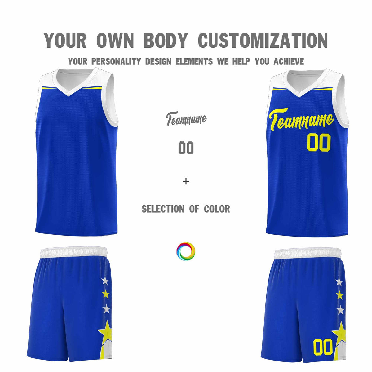 Custom Youth Basketball Uniform Royal White Two Tone Side Star Personalized Team Jersey