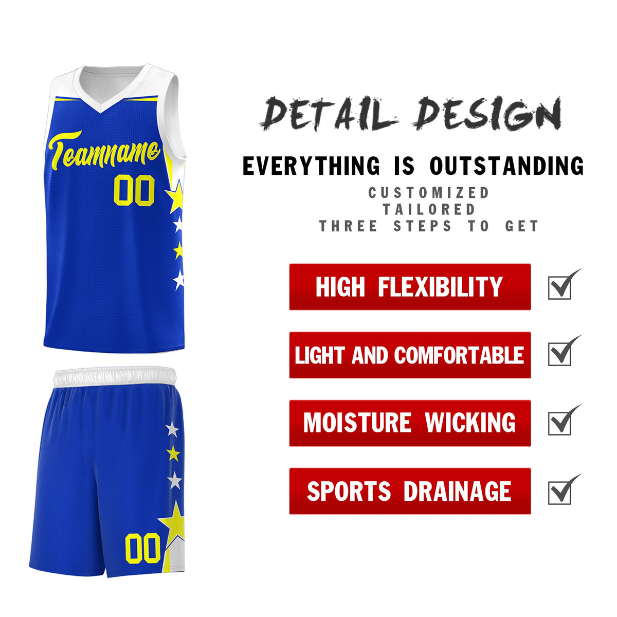 Custom Youth Basketball Uniform Royal White Two Tone Side Star Personalized Team Jersey