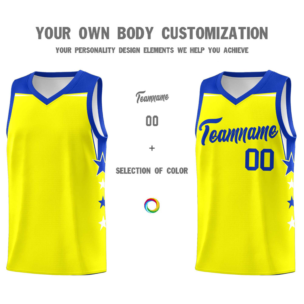 Custom Youth Basketball Uniform Fluorescent Yellow Royal Two Tone Side Star Color Block Team Jersey