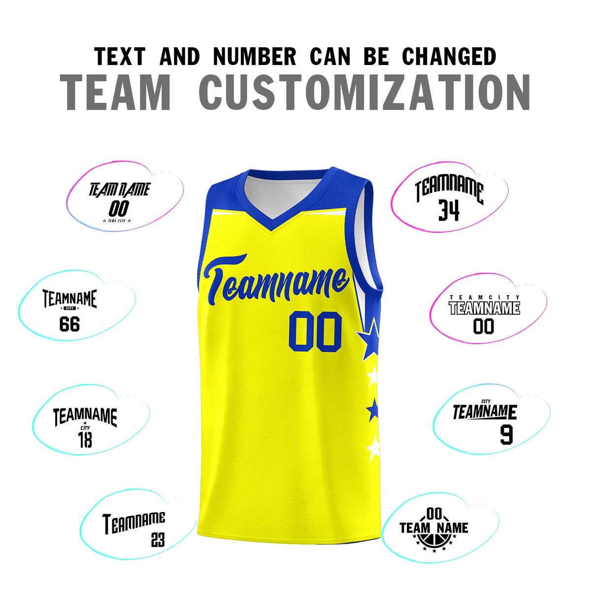 Custom Youth Basketball Uniform Fluorescent Yellow Royal Two Tone Side Star Color Block Team Jersey