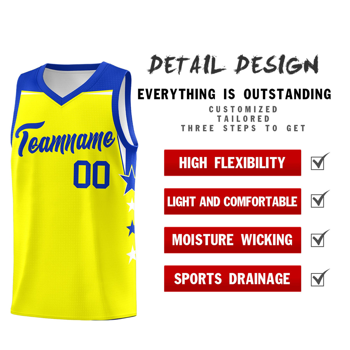 Custom Youth Basketball Uniform Fluorescent Yellow Royal Two Tone Side Star Color Block Team Jersey
