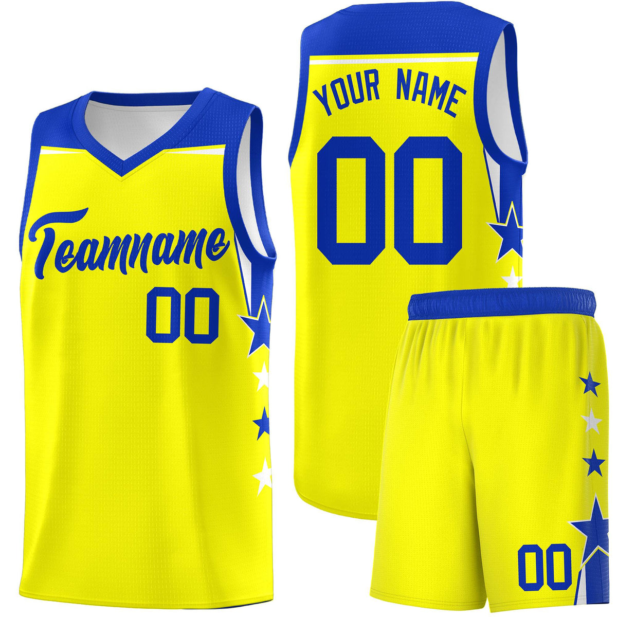 Custom Youth Basketball Uniform Fluorescent Yellow Royal Two Tone Side Star Color Block Team Jersey