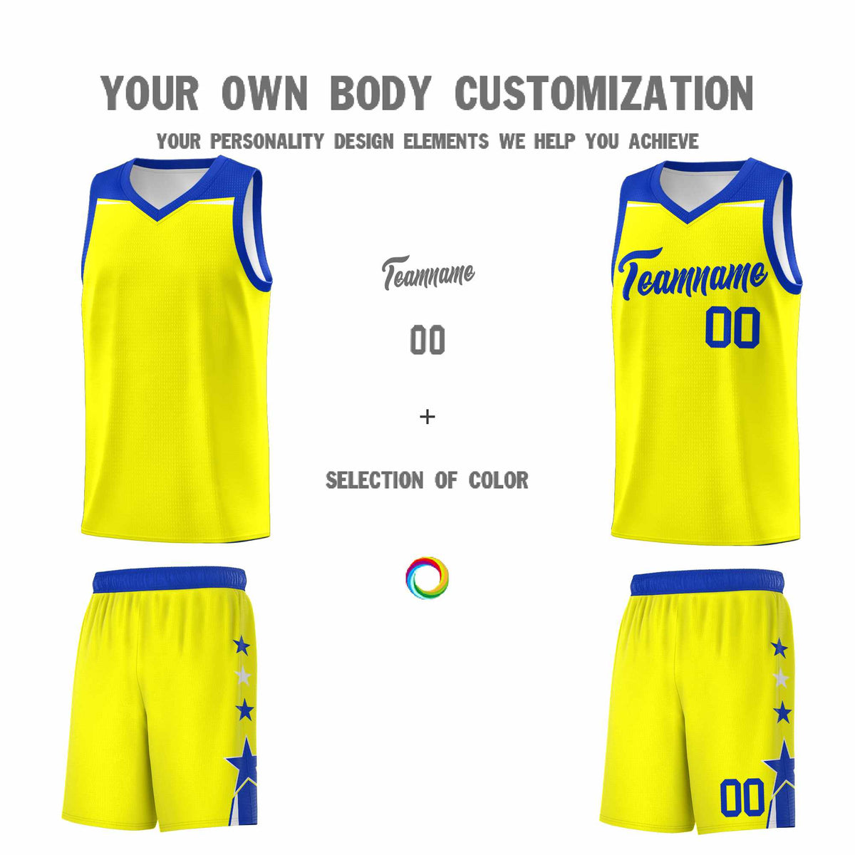 Custom Youth Basketball Uniform Fluorescent Yellow Royal Two Tone Side Star Color Block Team Jersey