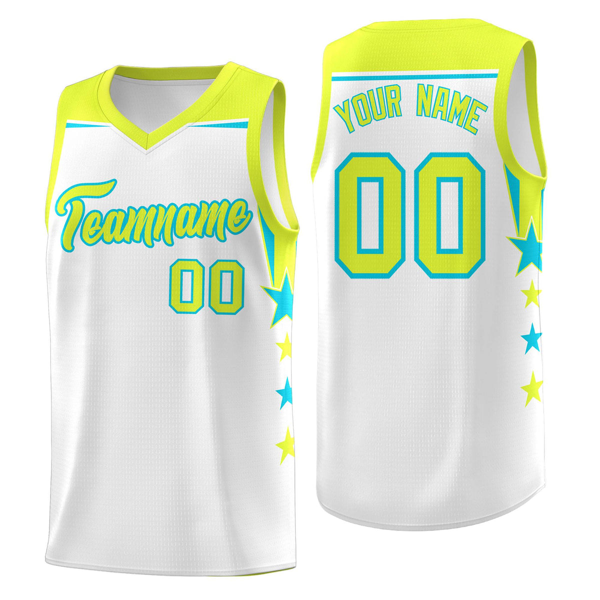 Custom Youth Basketball Uniform White Fluorescent Green Two Tone Side Star Add Name Number &amp; Logo