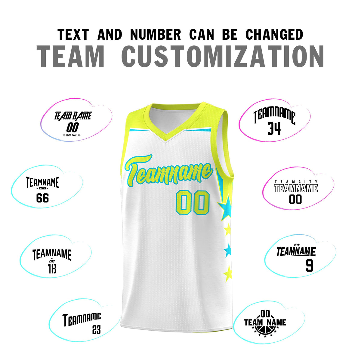 Custom Youth Basketball Uniform White Fluorescent Green Two Tone Side Star Add Name Number &amp; Logo