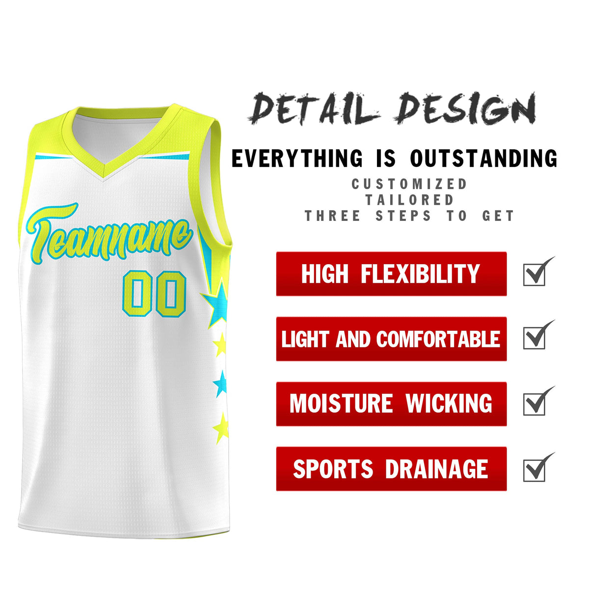 Custom Youth Basketball Uniform White Fluorescent Green Two Tone Side Star Add Name Number &amp; Logo
