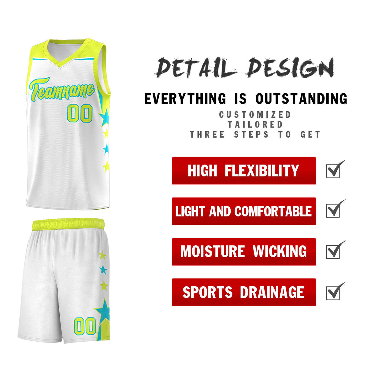 Custom Youth Basketball Uniform White Fluorescent Green Two Tone Side Star Add Name Number &amp; Logo