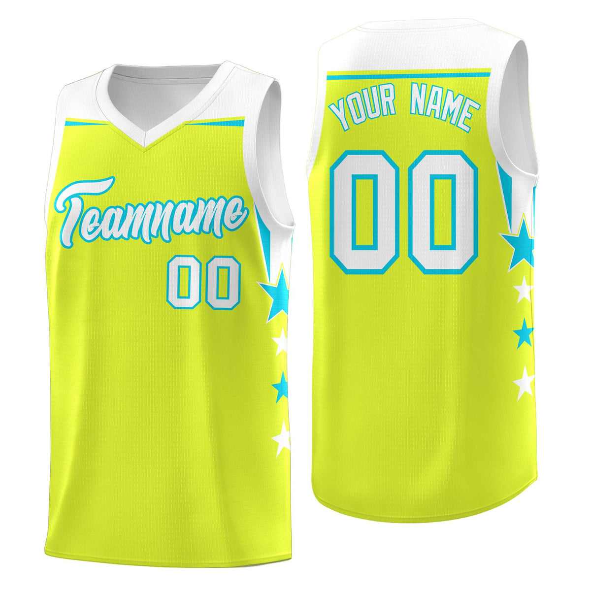 Custom Youth Basketball Uniform Fluorescent Green White Two Tone Side Star Personalized Team Jersey