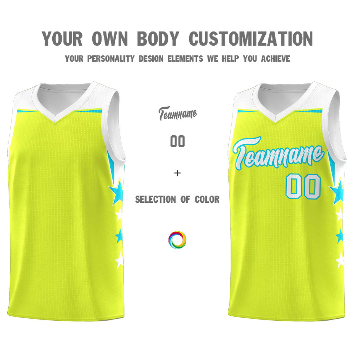 Custom Youth Basketball Uniform Fluorescent Green White Two Tone Side Star Personalized Team Jersey