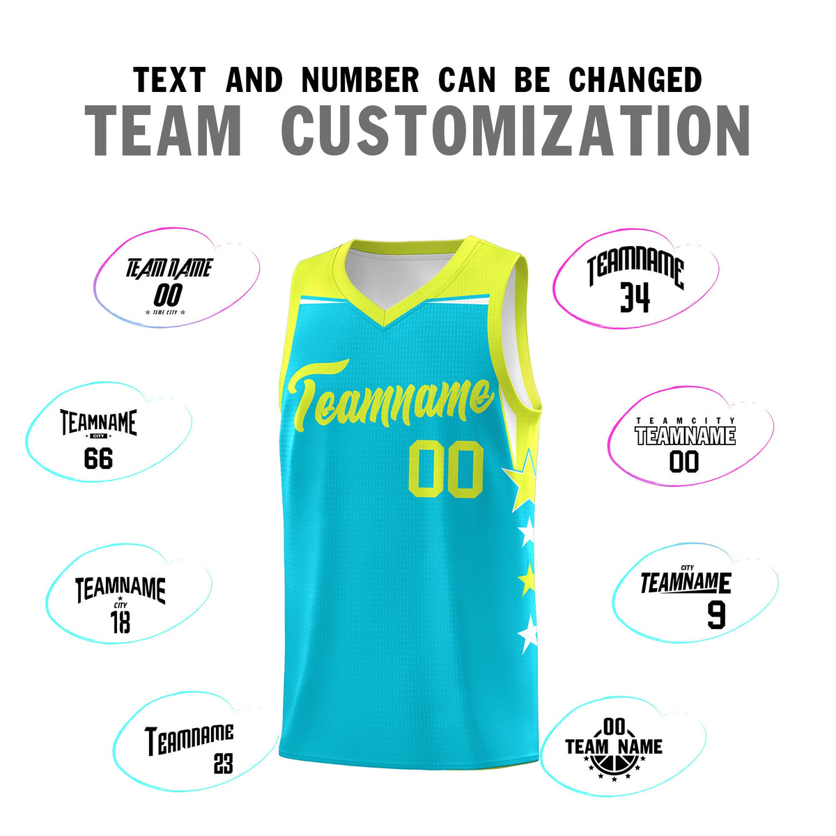 Custom Youth Basketball Uniform Sky Blue Fluorescent Green Two Tone Side Star Color Block Team Jersey
