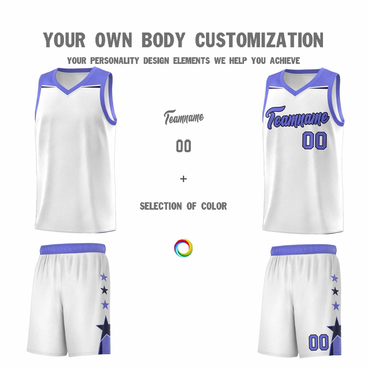 Custom Youth Basketball Uniform White Purple Two Tone Side Star Add Name Number &amp; Logo