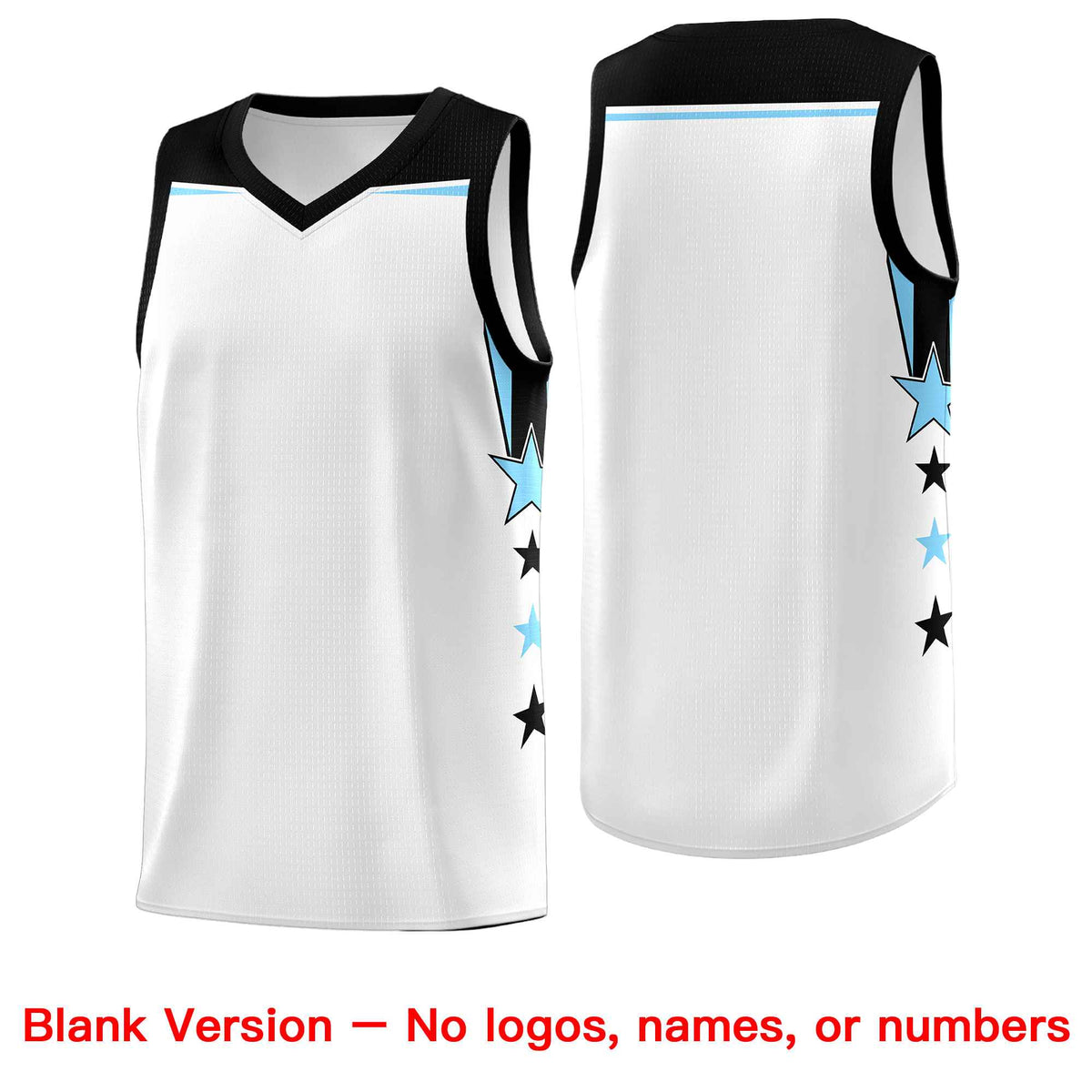 Custom Youth Basketball Uniform White Light Blue Two Tone Side Star Add Name Number &amp; Logo