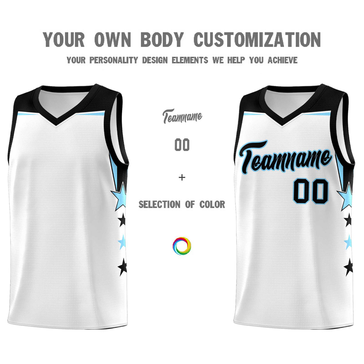 Custom Youth Basketball Uniform White Light Blue Two Tone Side Star Add Name Number &amp; Logo