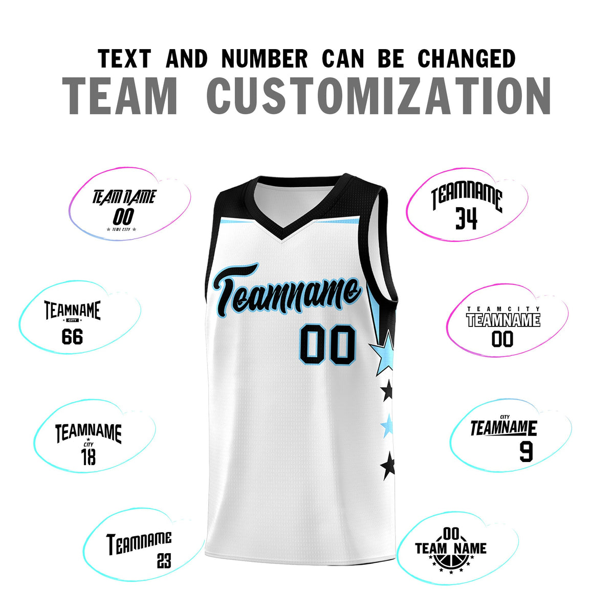 Custom Youth Basketball Uniform White Light Blue Two Tone Side Star Add Name Number &amp; Logo