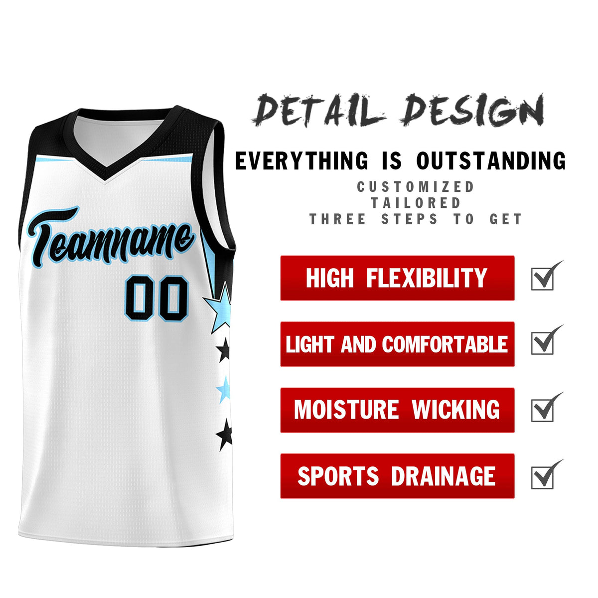 Custom Youth Basketball Uniform White Light Blue Two Tone Side Star Add Name Number &amp; Logo