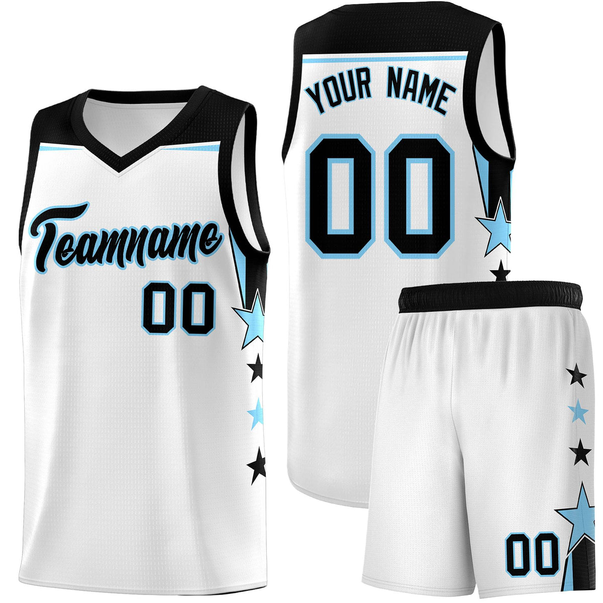 Custom Youth Basketball Uniform White Light Blue Two Tone Side Star Add Name Number &amp; Logo