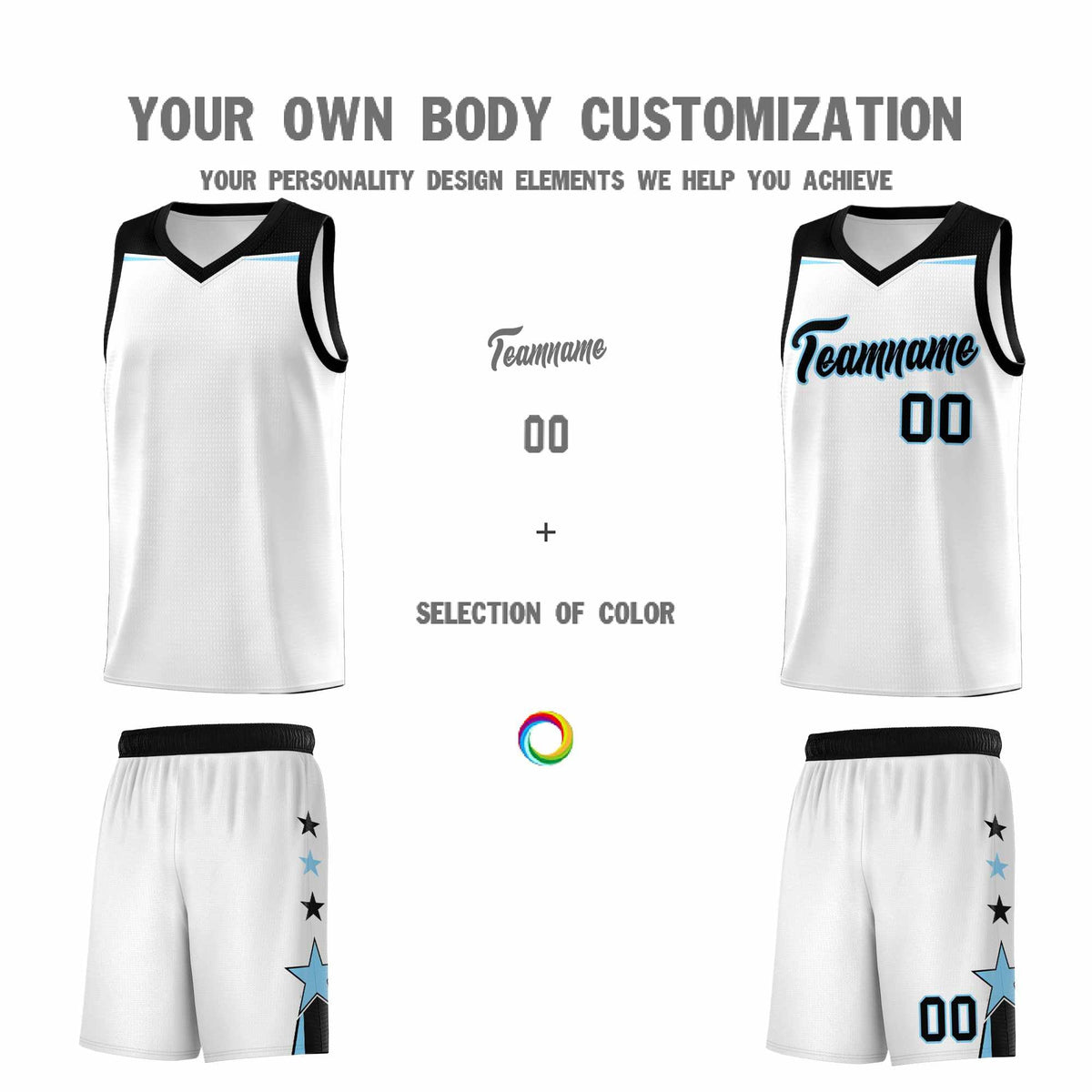 Custom Youth Basketball Uniform White Light Blue Two Tone Side Star Add Name Number &amp; Logo