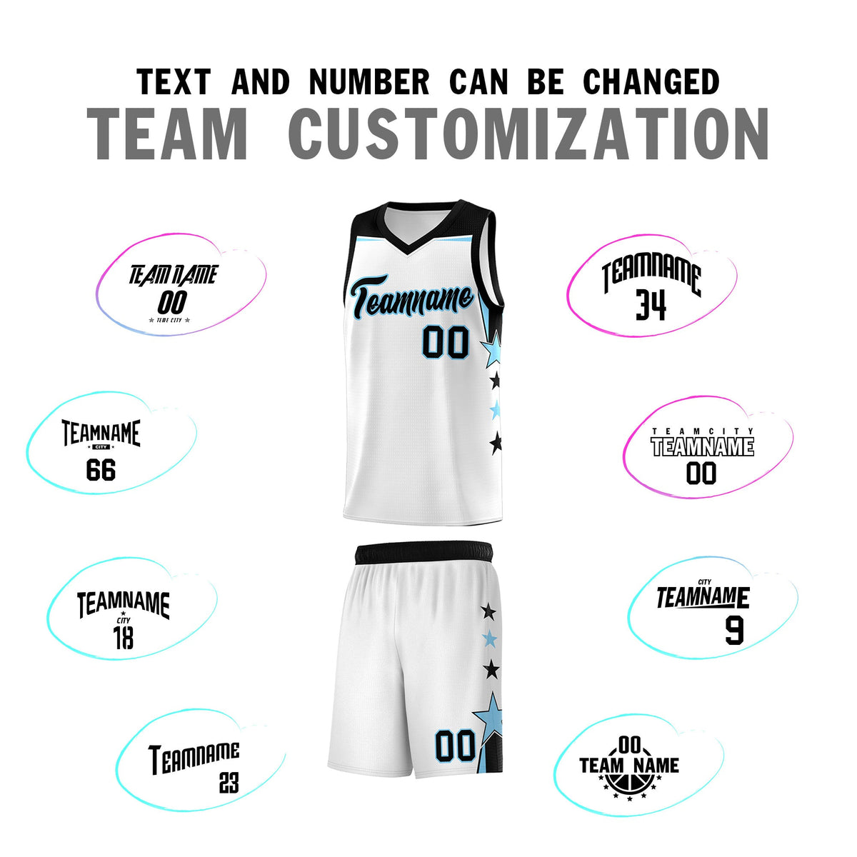 Custom Youth Basketball Uniform White Light Blue Two Tone Side Star Add Name Number &amp; Logo